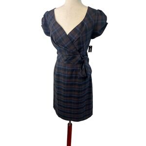 New Allen B Plaid Dress Puff Sleeve Career Party‎ Brown Blue Size 10